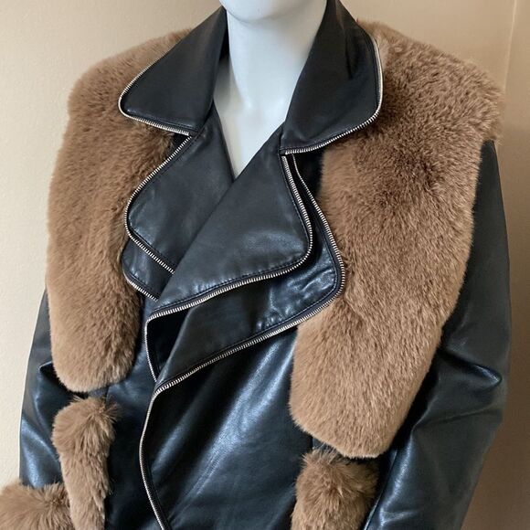 NWT Azalea Wang Faux Fur Leather Moto Jacket -Black & Brown - Size 1X - Picture 12 of 16